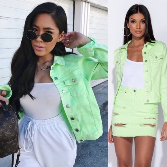 Rumors Neon Green Distressed Denim Jean Jacket - Picture 11 of 11